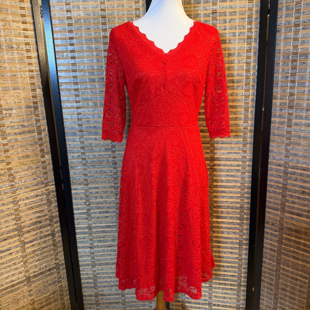 Jasambac Lace Midi Dress Women Medium Red V-Neck Cocktail Wedding Guest